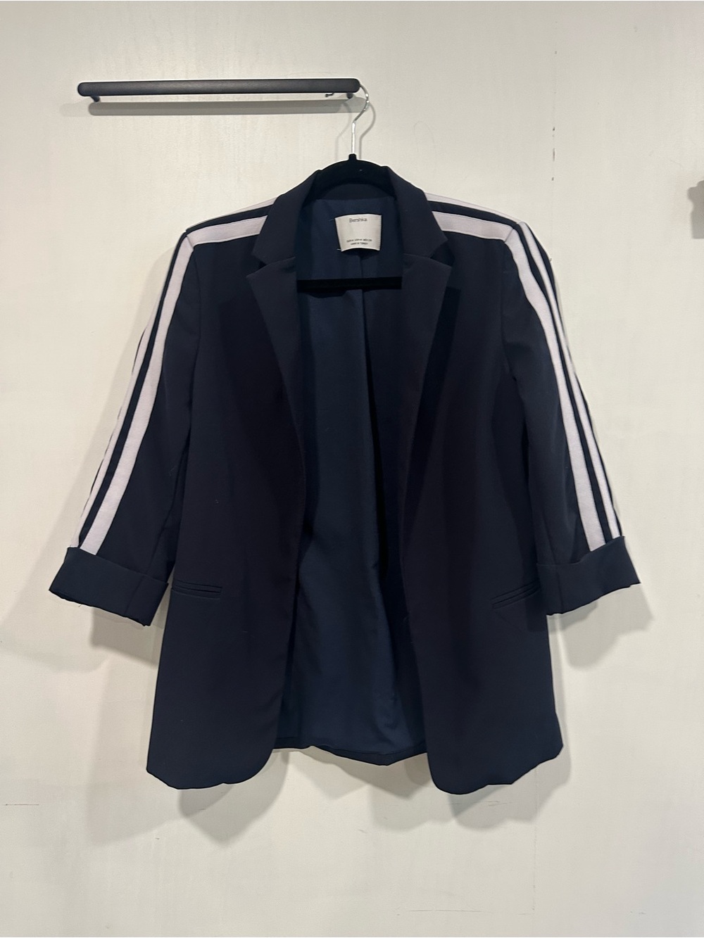 Bershka Dark Navy Blazer with White Sleeve Stripes